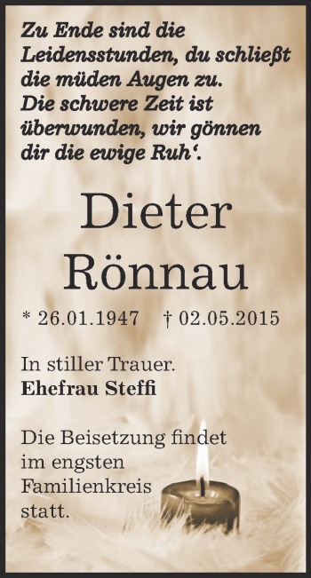 Traueranzeige von Dieter Rönnau von WVG - Wochenspiegel Dessau / Köthen