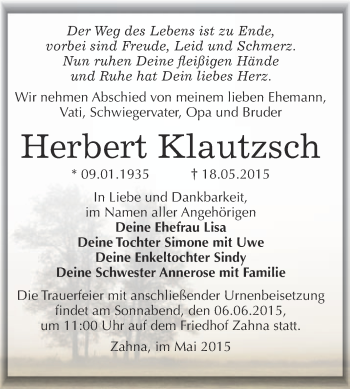 Traueranzeige von Herbert Klautzsch von Super Sonntag Wittenberg