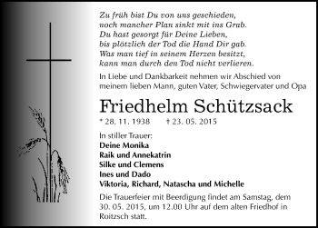 Traueranzeige von Friedhelm Schützsack von Mitteldeutsche Zeitung Bitterfeld