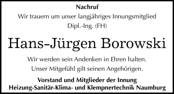 Traueranzeige von Hans-Jürgen Borowski von Mitteldeutsche Zeitung Naumburg/Nebra