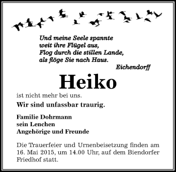 Traueranzeige von Heiko  von Mitteldeutsche Zeitung Bernburg