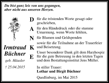 Traueranzeige von Irmtraud Büchner von Mitteldeutsche Zeitung Quedlinburg