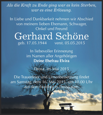Traueranzeige von Gerhard Schöne von WVG - Wochenspiegel Dessau / Köthen