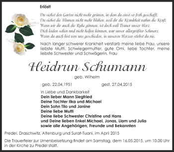 Traueranzeige von Heidrun Schumann von Super Sonntag Zeitz