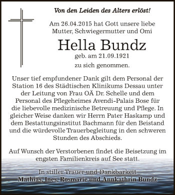 Traueranzeige von Hella Bundz von WVG - Wochenspiegel Dessau / Köthen