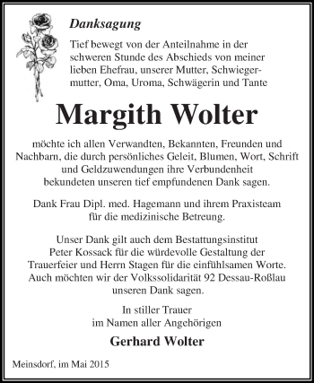 Traueranzeige von Margith Wolter von WVG - Wochenspiegel Dessau / Köthen