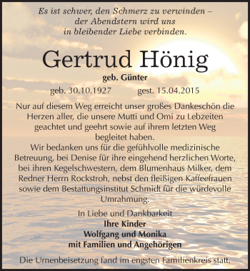 Traueranzeige von Gertrud Hönig von Mitteldeutsche Zeitung Naumburg/Nebra