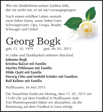 Traueranzeige von Georg Bogk von Mitteldeutsche Zeitung Sangerhausen