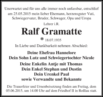 Traueranzeige von Ralf Gramatte von WVG - Wochenspiegel Dessau / Köthen