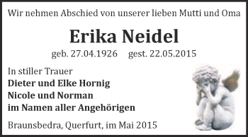 Traueranzeige von Erika Neidel von WVG - Wochenspiegel Merseburg