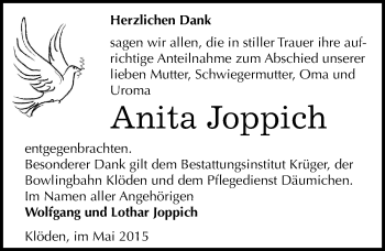 Traueranzeige von Anita Joppich von Mitteldeutsche Zeitung Wittenberg