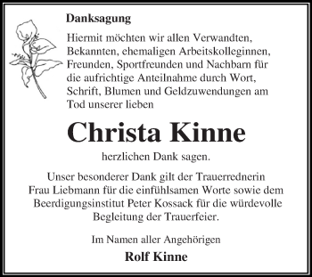 Traueranzeige von Christa Kinne von WVG - Wochenspiegel Dessau / Köthen