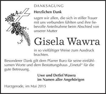 Traueranzeige von Gisela Wawra von Super Sonntag Quedlinburg