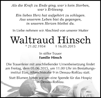 Traueranzeige von Waltraud Hinsch von Mitteldeutsche Zeitung Dessau-Roßlau