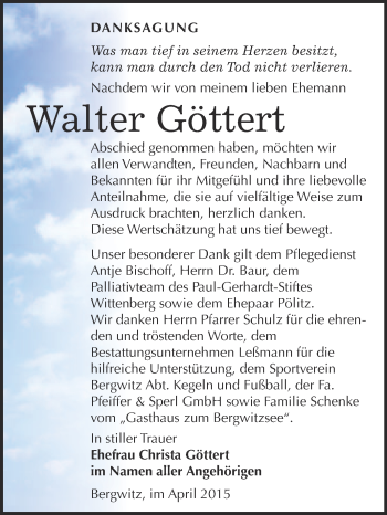 Traueranzeige von Walter Göttert von Super Sonntag Wittenberg