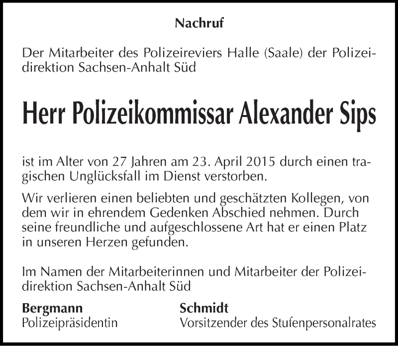  Traueranzeige für Alexander Sips vom 02.05.2015 aus Mitteldeutsche Zeitung Halle/Saalkreis