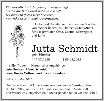 Traueranzeige von Jutta Schmidt von Mitteldeutsche Zeitung Mansfelder Land