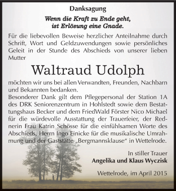 Traueranzeige von Waltraud Udolph von Mitteldeutsche Zeitung Sangerhausen