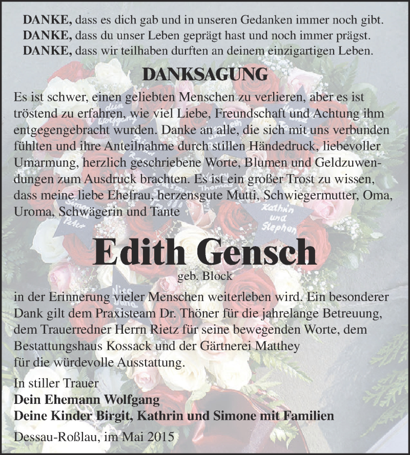  Traueranzeige für Edith Gensch vom 24.05.2015 aus WVG - Wochenspiegel Dessau / Köthen