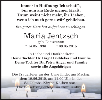 Traueranzeige von Maria Jentzsch von Mitteldeutsche Zeitung Köthen