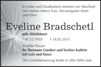 Traueranzeige von Eveline Bradschetl von WVG - Wochenspiegel NMB / WSF / ZTZ