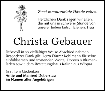 Traueranzeige von Christa Gebauer von Mitteldeutsche Zeitung Mansfelder Land
