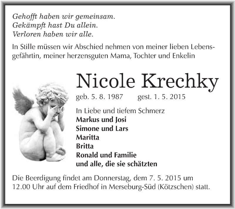  Traueranzeige für Nicole Krechky vom 10.05.2015 aus WVG - Wochenspiegel Merseburg