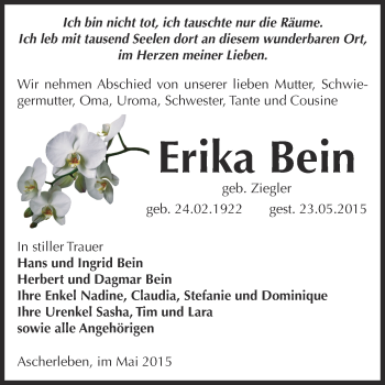 Traueranzeige von Erika Bein von Super Sonntag Aschersleben