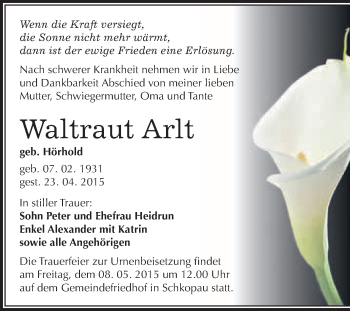 Traueranzeige von Waltraut Arlt von WVG - Wochenspiegel Merseburg
