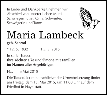 Traueranzeige von Maria Lambeck von Super Sonntag SGH Mansf. Land