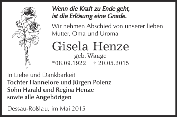 Traueranzeige von Gisela Henze von WVG - Wochenspiegel Dessau / Köthen