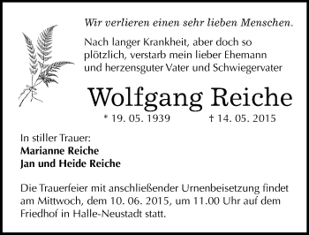 Traueranzeige von Wolfgang Reiche von Mitteldeutsche Zeitung Halle/Saalkreis
