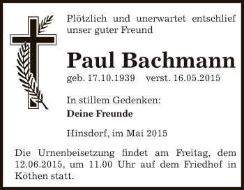 Traueranzeige von Paul Bachmann von WVG - Wochenspiegel Dessau / Köthen