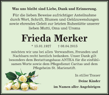 Traueranzeige von Frieda Merker von Mitteldeutsche Zeitung Zeitz