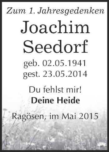 Traueranzeige von Joachim Seedorf von Super Sonntag Wittenberg