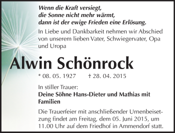 Traueranzeige von Alwin Schönrock von Mitteldeutsche Zeitung Merseburg/Querfurt
