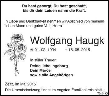 Traueranzeige von Wolfgang Haugk von Super Sonntag Zeitz