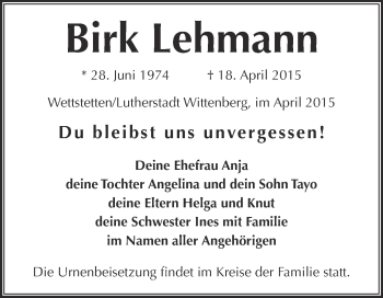 Traueranzeige von Birk Lehmann von Super Sonntag Wittenberg