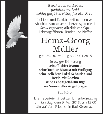 Traueranzeige von Heinz-Georg Müller von WVG - Wochenspiegel NMB / WSF / ZTZ