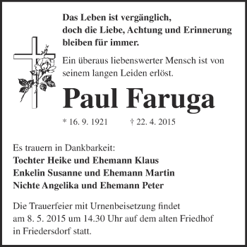 Traueranzeige von Paul Faruga von WVG - Wochenspiegel Bitterfeld