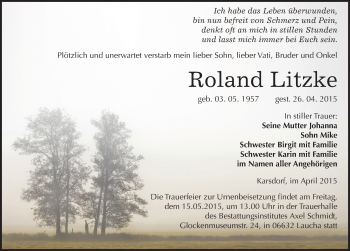 Traueranzeige von Roland Litzke von Mitteldeutsche Zeitung Naumburg/Nebra