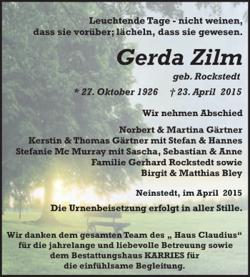 Traueranzeige von Gerda Zilm von WVG - Wochenspiegel Quedlinburg