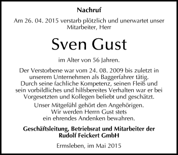 Traueranzeige von Sven Gust von Mitteldeutsche Zeitung Mansfelder Land