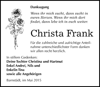 Traueranzeige von Christa Frank von Mitteldeutsche Zeitung Merseburg/Querfurt
