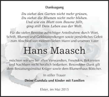 Traueranzeige von Hans Maasch von WVG - Wochenspiegel Wittenberg