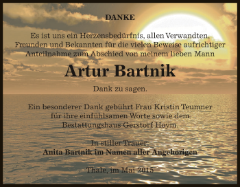 Traueranzeige von Artur Bartnik von Super Sonntag Aschersleben