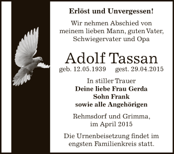 Traueranzeige von Adolf Tassan von Super Sonntag Zeitz