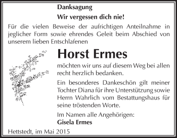 Traueranzeige von Horst Ermes von Wochenspiegel Mansfelder Land