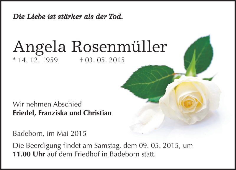  Traueranzeige für Angela Rosenmüller vom 07.05.2015 aus Mitteldeutsche Zeitung Quedlinburg