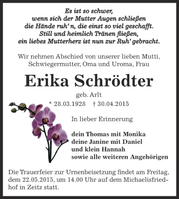 Traueranzeige von Erika Schrödter von Super Sonntag Zeitz